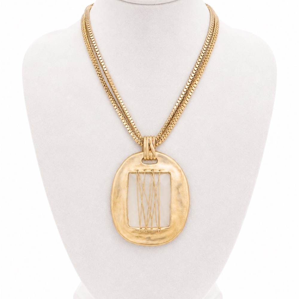 CHICO’s Chunky Pendant Frosted Glass Oval Necklace 19" Box Chain Gold Tone